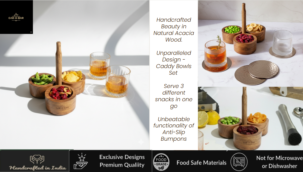 CAR-O-BAR Premium Wooden Serving Bowl Caddy Set | Natural Finish | Set of 3