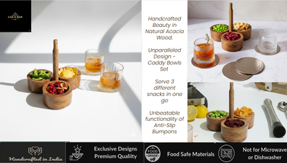 CAR-O-BAR Premium Wooden Serving Bowl Caddy Set | Natural Finish | Set of 3