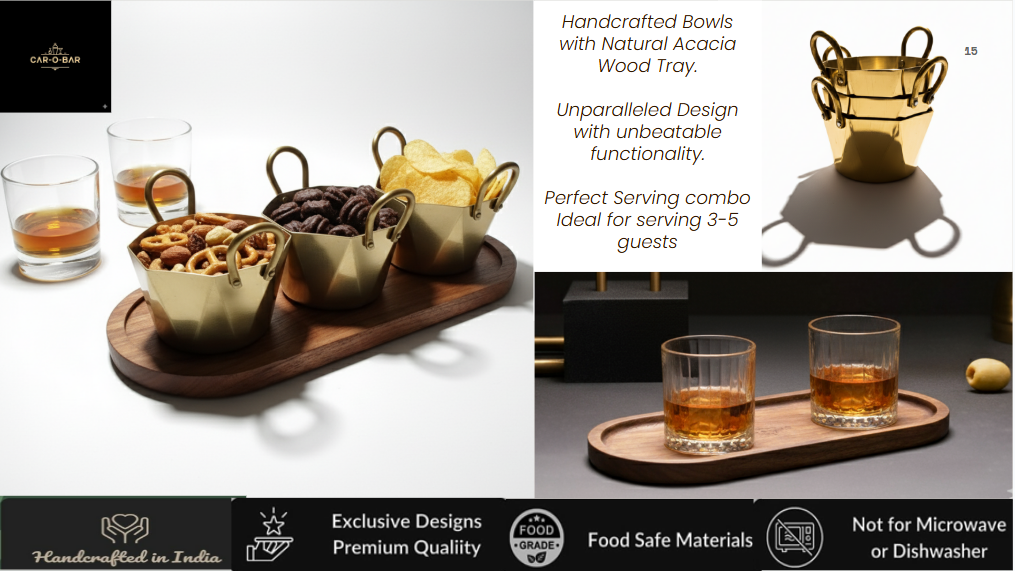 CAR-O-BAR Set of 3 Premium Steel Serving Bowl with Platter | Hexagonal Gold Finish