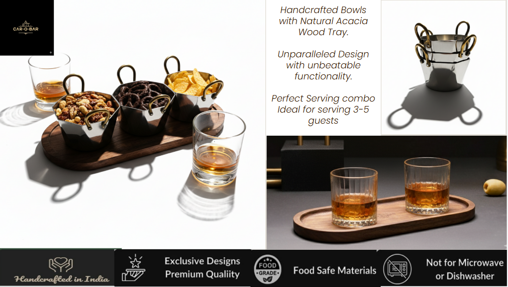 CAR-O-BAR Set of 3 Premium Steel Serving Bowl with Platter | Hexagonal Silver Finish