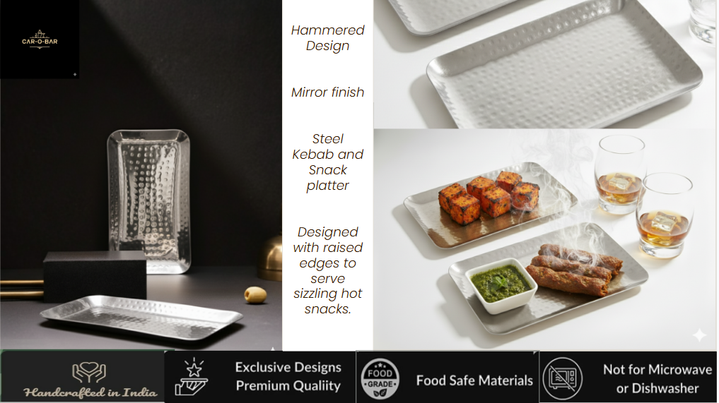 Car-O-Bar Set of 2 Premium Steel Serving Platter | Hammered Design
