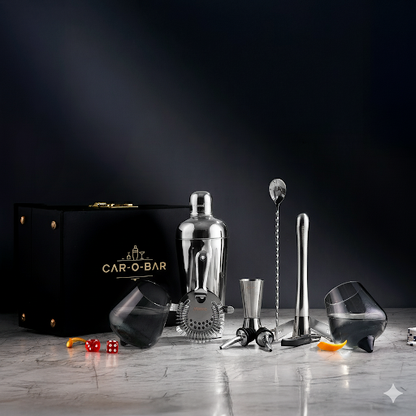 Car-O-Bar Silver Bar set with Glasses and Leatherette Gift set
