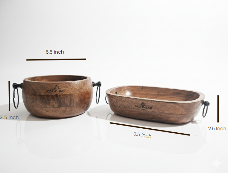 CAR-O-BAR Premium Wooden Serving Bowl Set of 2 with Handles | Rustic Natural Finish