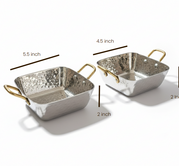 CAR-O-BAR Premium Set of 2 Steel Serving Bowls with Handle | Hammered Silver Finish