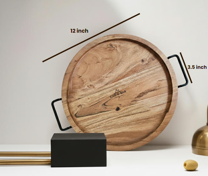 Car-O-Bar Premium Wooden Serving Tray Platter with Handle | Natural Finish