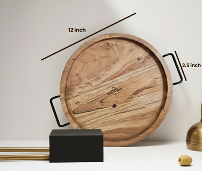 Car-O-Bar Premium Wooden Serving Tray Platter with Handle | Natural Finish